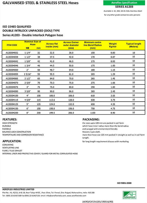 Galvanised Steel & Stainless Steel Flexible Hoses - Series A 1203